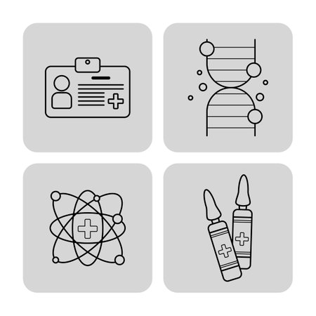 Collection of various health-related icons, including medical ID, DNA structure, atom with health cross, and vials representing medicationのイラスト素材