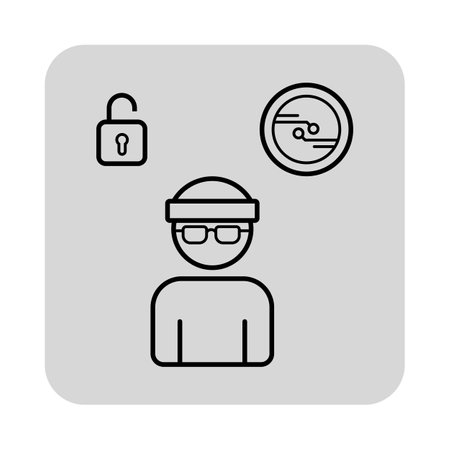 Illustration of anonymous figure with glasses and headband, showcasing security in cryptocurrency through lock and speedometer. Protection and efficiency conceptのイラスト素材