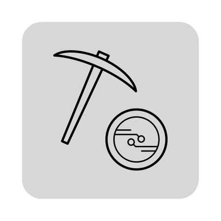 Simple line icon of concept of cryptocurrency mining, featuring pickaxe alongside circular coin design. Digital currency world conceptのイラスト素材