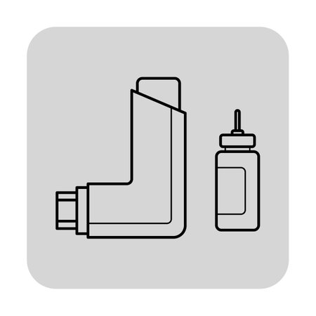 Line icon of asthma inhaler alongside medicine bottle. Equipment for respiratory conditions conceptのイラスト素材