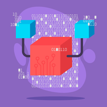 Block representing cryptocurrency surrounded by binary code. Relationship between technology and digital currency conceptのイラスト素材