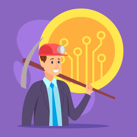 Miner holding pickaxe over his shoulder against backdrop of large cryptocurrency coin with circuit designs. Digital currency mining conceptのイラスト素材