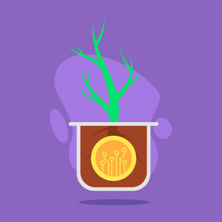 Stylized plant rooted in pot resembling cryptocurrency symbols. Modern finance and growth conceptのイラスト素材