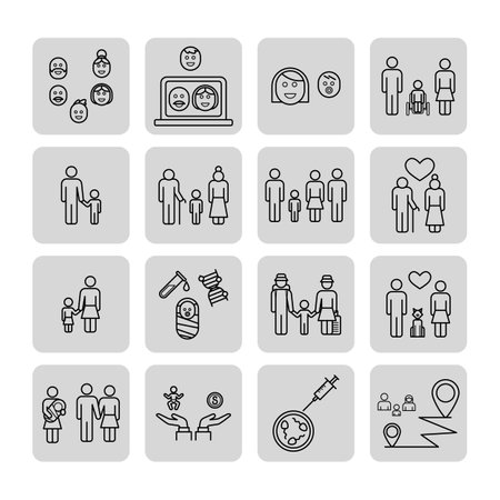 Collection of line icons illustrating various family interactions, emotional expressions, health activities, and community engagement, represented in minimalist styleのイラスト素材