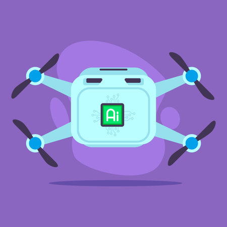Drone equipped with artificial intelligence symbol hovering against vibrant purple backdrop. Modern...