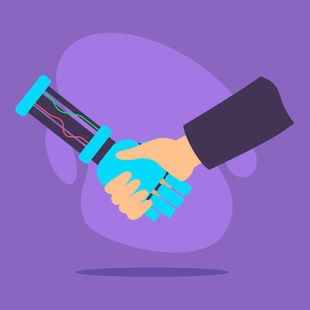 Two hands clasping in handshake, merging traditional gesture with modern technology. Unity and cooperation between entities conceptのイラスト素材