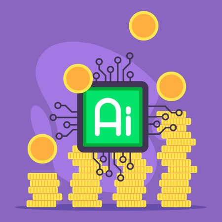 Colorful design of computer chip with AI letters surrounded by stacks of coins and floating currency symbols. Innovation and digital economy conceptのイラスト素材