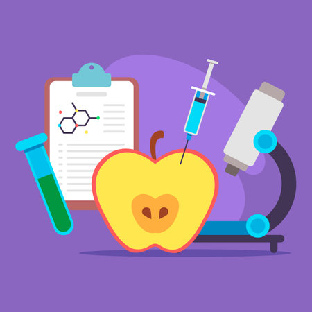 Vibrant illustration of apple, surrounded by scientific equipment. Connection between biology and food science conceptのイラスト素材