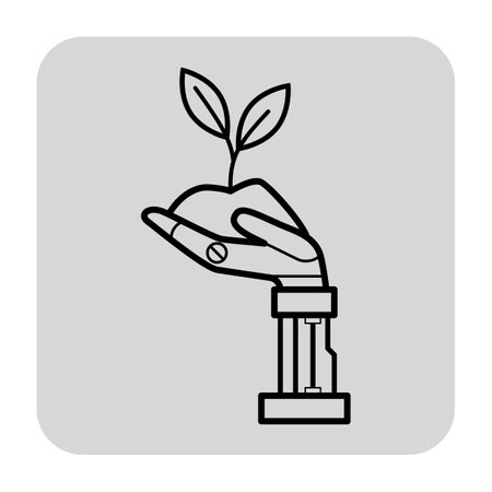 Line icon of robotic hand gently cradling small plant. Fusion of technology and nature in promoting sustainability and environmental awareness conceptのイラスト素材