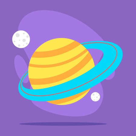Vibrant illustration of large yellow striped planet with bright blue ring system and several gray moons against purple backdropのイラスト素材