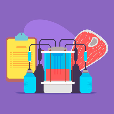 Vibrant food processing device with tubes and bottles connected to central unit. Next to it, clipboard with notes along with piece of meatのイラスト素材