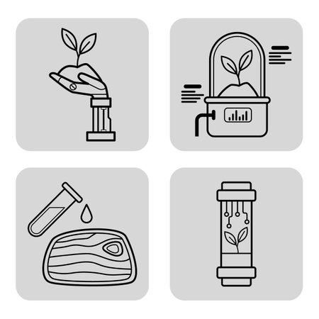 Collection of line icons with technology trends in sustainable agriculture. Robot hand nurturing plant, hydroponics, lab testing, and plant growth systemsのイラスト素材