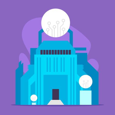 Striking blue building with modern architectural design with circular light elements showing blend of technology and creativity against purple backgroundのイラスト素材