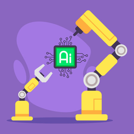 Two robotic arms interacting with computer chip symbolizing artificial intelligence. Automation and technology conceptのイラスト素材