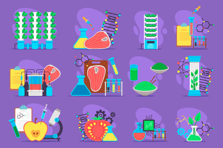 Colorful illustrations of various scientific themes, including genetics, cooking, and food scienceのイラスト素材