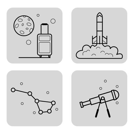 Collection of space exploration and travel, including rocket launching, suitcase, telescope, and constellation. Adventure in universe conceptのイラスト素材