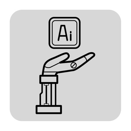 Simple line icon of robotic hand extended upwards, grasping square sign with letters AI. Integration of technology and artificial intelligence conceptのイラスト素材