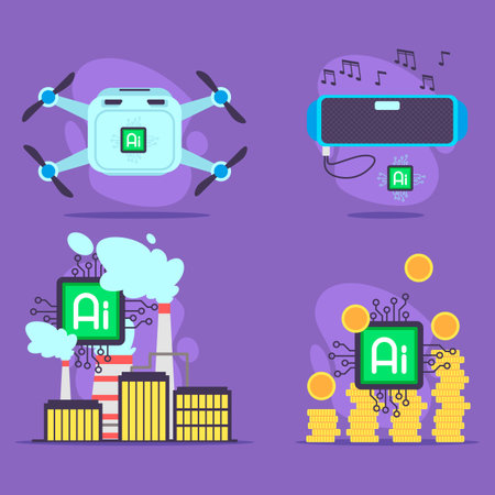 Collection of various applications of artificial intelligence, including drone, speaker, industrial setup, and AI-related currency symbols against vibrant backgroundのイラスト素材