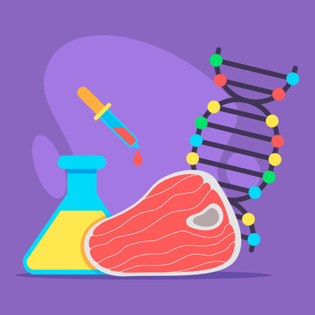 Illustration of food science with piece of meat, DNA strand, and dropper. Relationship between genetics and meat production conceptのイラスト素材
