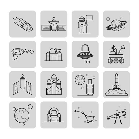 Collection of various space-themed icons arranged in grid. Planets, rockets, and astronauts,...
