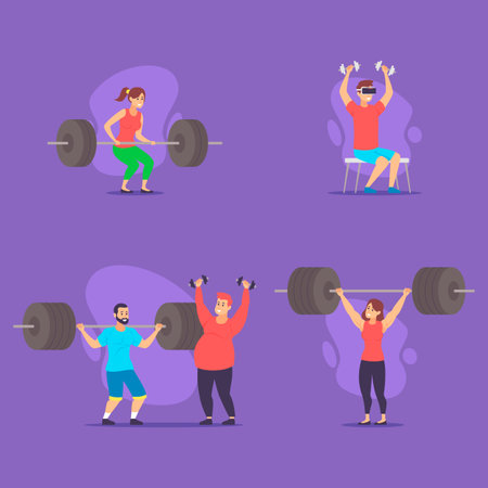 Various individuals engaged in different fitness routines, showcasing strength training with weights. Each person adopting unique exercise posture, demonstrating diversity in fitness practicesのイラスト素材
