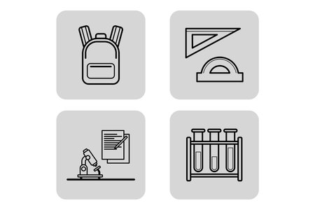 Set of clean icons representing essential educational tools like backpack, protractor, microscope, and test tubes. Suitable for use in educational materials or websites focused on learningのイラスト素材