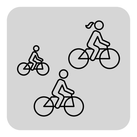 Three figures riding bikes in clean, minimalist line art style. Child, adult, and teenager enjoying cycling together in simple settingのイラスト素材