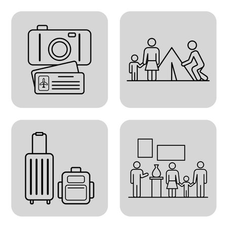 Collection of line icons depicting family activities and travel essentials like camera and suitcase. Concept of moments spent together during various adventuresのイラスト素材