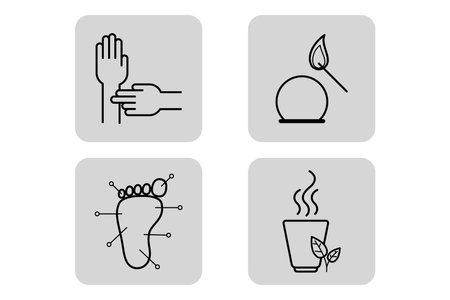 Collection of various icons representing medical and wellness themes. Included symbols for acupuncture, herbal medicine, physical examination, and holistic treatments in clean designのイラスト素材