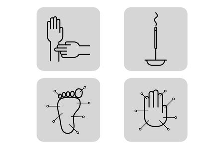 Collection of medicine-related icons showcasing hand examination, incense stick, foot with acupuncture points, and hand with therapy markersのイラスト素材