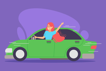 Woman with long red hair joyfully driving bright green car, waving her hand outside windowのイラスト素材