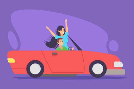 Two friends happily riding in red convertible car with their arms raised in excitement. Adventure trip conceptのイラスト素材
