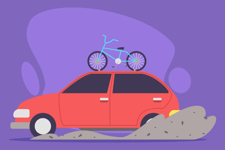 Colorful illustration of red car on textured surface suggesting dirt or sand with bicycle resting on its roofのイラスト素材