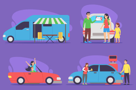 Families enjoying various activities on the road trip, including fueling up cars, setting up mobile food stand, and having fun in convertibleのイラスト素材