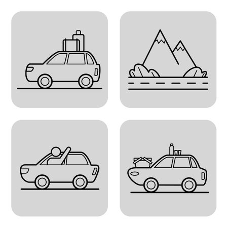Collection of line icons depicting cars with luggage, scenic mountains, and joyful travelers. Spirit of road trips and adventures in nature conceptのイラスト素材