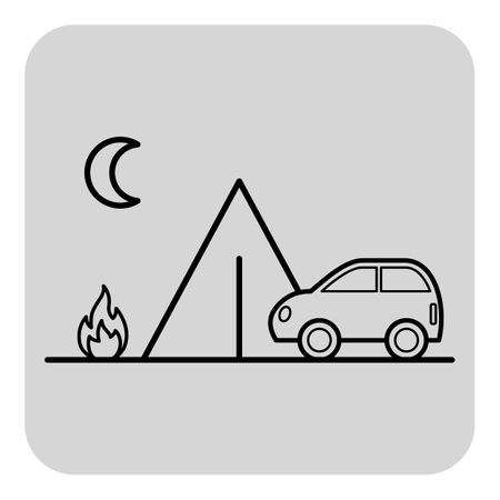 Campsite with tent set beside parked car with small fire nearby. Moon illuminating scene, creating a peaceful outdoor atmosphere for relaxationのイラスト素材
