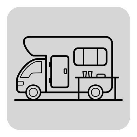 Simple line drawing of food truck parked in urban environment. Truck with service window, door, and table with itemsのイラスト素材