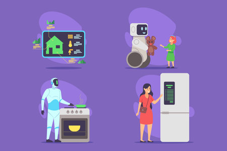 Innovative robots through various activities, including cooking, home monitoring, and interacting with childrenのイラスト素材