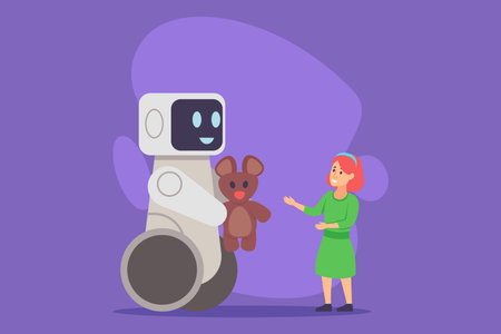 Friendly robot engaged with young girl, holding teddy bear. Companionship and fun with robots conceptのイラスト素材