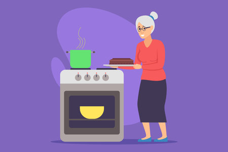 Elderly woman standing in vibrant kitchen, smiling while taking chocolate cake out of oven. Pot simmering on stove, filling space with warmth and comfortのイラスト素材