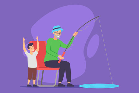 Grandfather sitting on chair, fishing with rod while his grandson standing beside him, excitedly raising his hands. People sharing joyful moment by waters edgeのイラスト素材