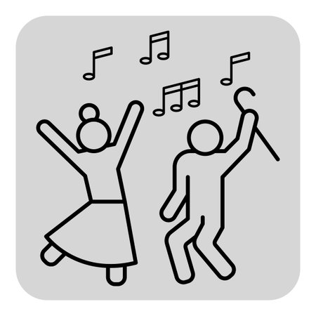 Two seniors enjoying lively dance together while music notes floating above. Celebration of life and community spirit in conceptのイラスト素材