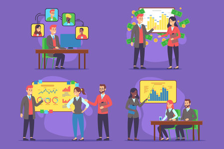 Vibrant collection of business professionals engaged in various activities like discussing data, presenting charts, and collaborating in front of screen filled with graphics and chartsのイラスト素材