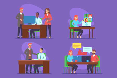Group of professionals engaged in various activities in contemporary office environment. Teamwork, discussion, and virtual communication throughout workday conceptのイラスト素材