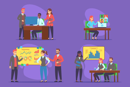 Diverse professionals engaged in various activities. Some discussing data reports, while others collaborating on computerのイラスト素材