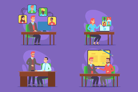 Professionals engaged in remote collaboration, discussing ideas through video calls and meetings in vibrant setting. Modern work environments and teamwork strategies conceptのイラスト素材