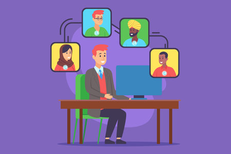 Young professional sitting at desk in colorful digital workspace, engaging with remote team members on screen, showing diverse individuals connected through technologyのイラスト素材
