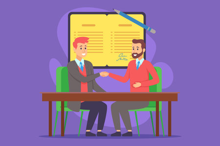 Two business partners shaking hands in office setting, indicating successful negotiation. People sitting at table with document in background. Collaboration and trust conceptのイラスト素材