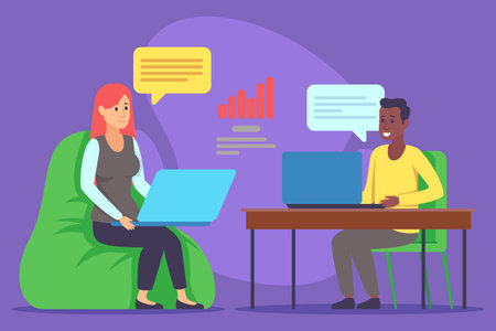Two engaged individuals in productive work session. Woman sitting in bean bag with laptop, while man working from desk. Colorful speech bubbles indicating interactionのイラスト素材