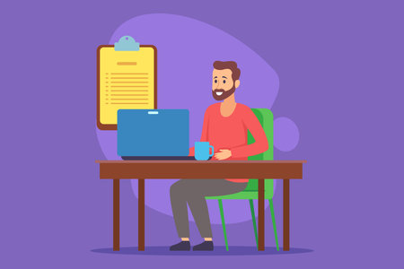 Man sitting at wooden desk in cozy workspace focused on his laptop while enjoying cup of coffee. Clipboard with notes on wall behind himのイラスト素材